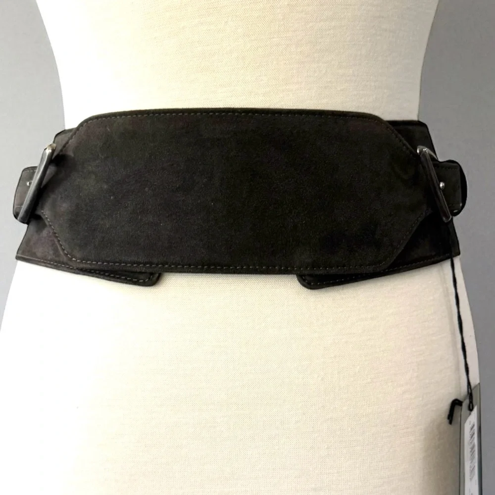 Costume National Grey Double Buckle Wide Suede Belt Size 44